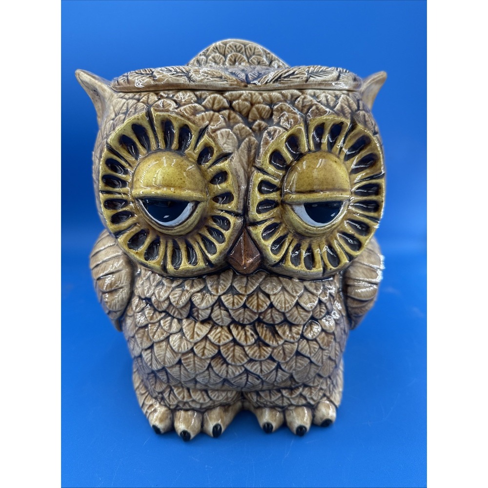 Vtg Large Double Sided Owl Cookie Jar Canister Ceramic Lidded Retro Boho Decor